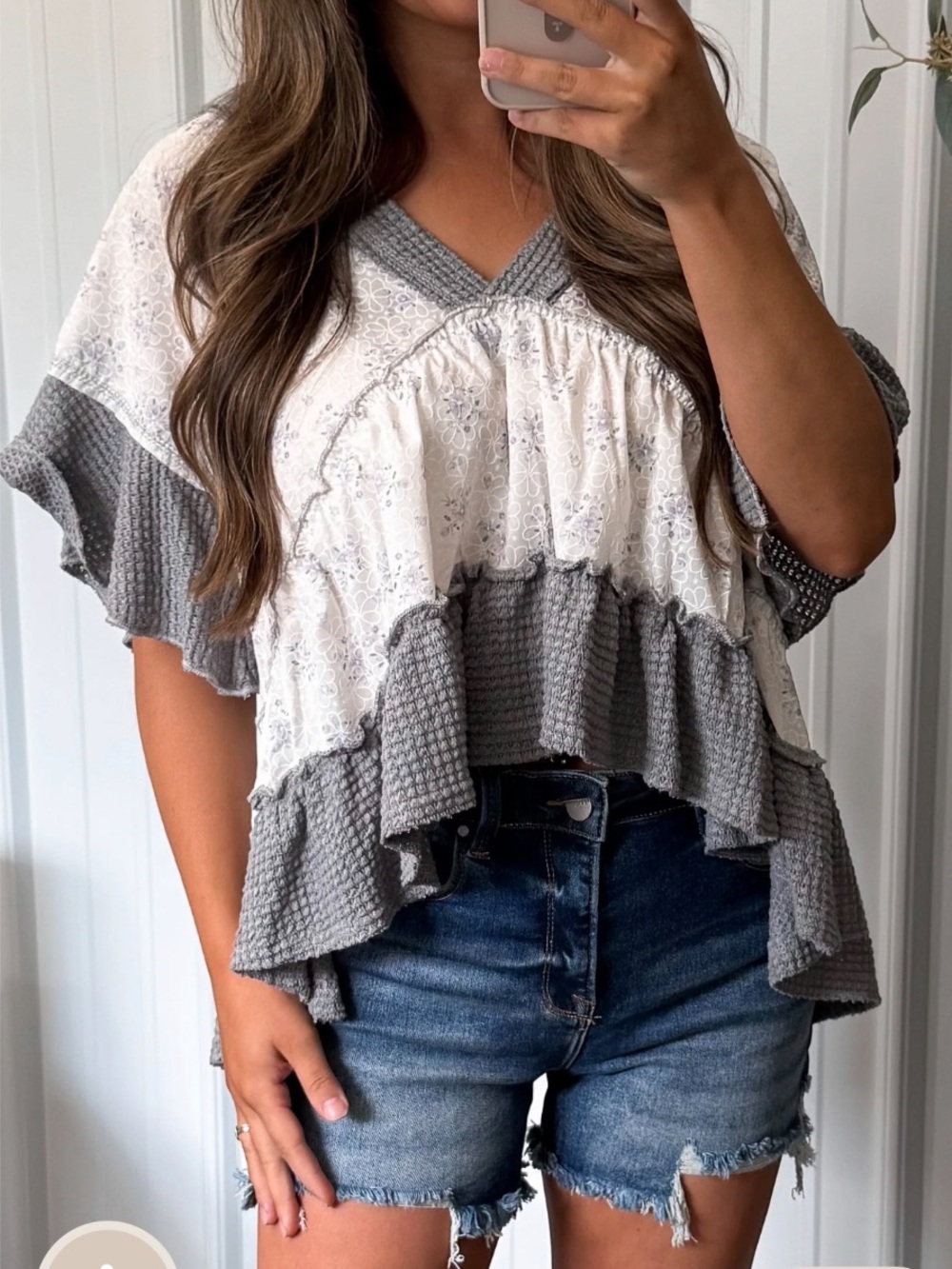 Waffle Knit Ruffle V-Neck Top in Light Gray and Cream